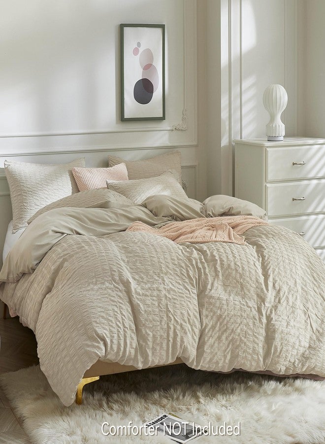 JELLYMONI Light Khaki Duvet Cover Twin Size, 3pcs Washed Microfiber Bedding Set, Soft Breathable Seersucker Duvet Cover Set with Zipper Closure and Corner Ties for All Seasons - Image 3